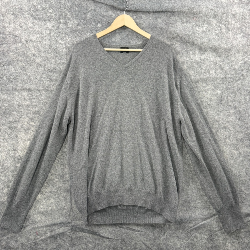 Forte‎ Cashmere V Neck Sweater Mens XL Gray Long Sleeve Knit CUTTER Flawed Hole